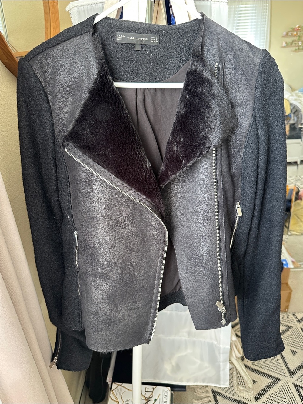 Zara Black Faux-Shearling Asymmetric Leather-Look Moto Jacket